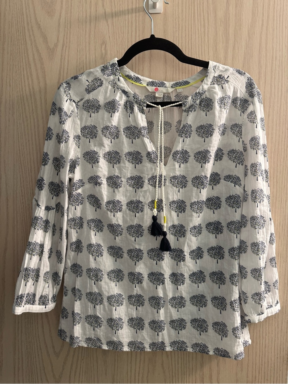 Boden White Tunic with Navy Tree Print and Tassel Ties